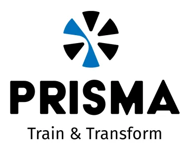 PRISMA Logo mit blau-schwarzem Kreis und Text "Train and Transform"