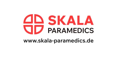 Logo von SKALA Paramedics mit rotem Symbol und Website-Adresse.