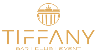 Goldenes Tiffany-Logo mit stilisiertem Becher, darunter Text „Bar | Club | Event“.