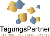 Logo von TagungsPartner mit blauen und goldenen geometrischen Formen und dem Schriftzug TagungsPartner