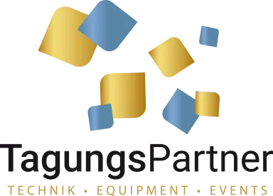 TagungsPartner logo with gold and blue geometric shapes and text below.