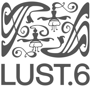 art deco inspired logo mark with flowers and decorative elements above LUST.6 wordmark