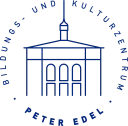 Logo des Bildungs- und Kulturzentrums PETER EDEL - es zeigt eine Linienzeichnung des großen Festsaals, einen Bestandteil des Gebäudeensembles