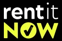Logo mit Text "rent it NOW" in Schwarz und Gelb mit Häkchen im Kreis