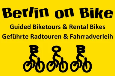 Grafik mit Schrift "Berlin on Bike", drei Fahrräder und gelbem Hintergrund.