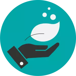 Icondarstellung aufgehaltene Hand mit einem Blatt vor grünem Hintergrund