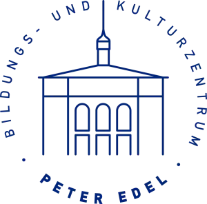 Logo des Bildungs- und Kulturzentrums PETER EDEL - es zeigt eine Linienzeichnung des großen Festsaals, einen Bestandteil des Gebäudeensembles