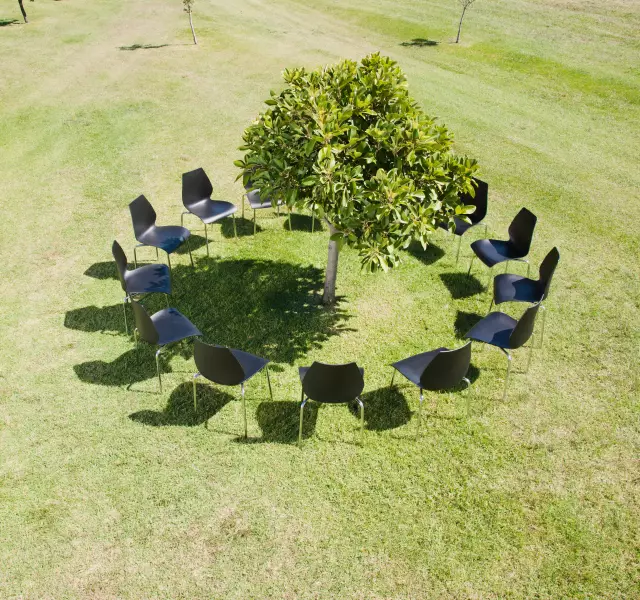 Sustainable Meetings Berlin, Deutschland, Stuhlkreis ohne Besucher auf einer grünen Wiese um einen Baum herum
