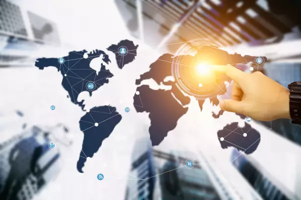 Businessman uses his finger to operate the screen of the world map Businessman uses his finger to operate the screen of the world map demonstrating networking
