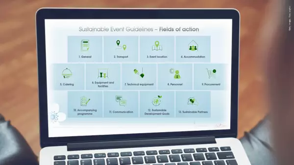 Laptopbildschirm auf dem die Handlungsfelder der Sustainable Event Guidelines auf englisch zu sehen sind