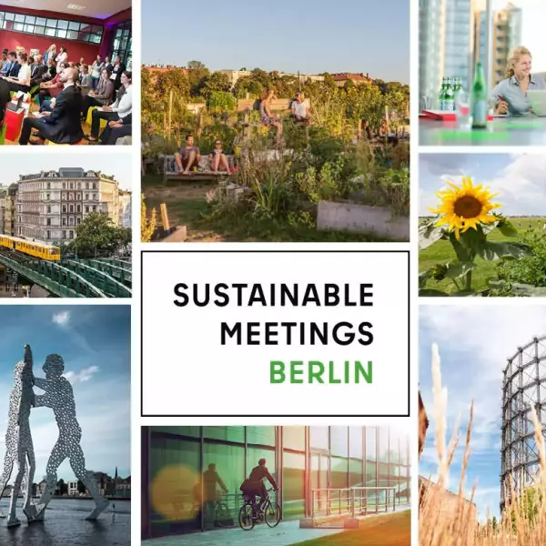 Collage mit Berlin-Bilder und dem Sustainable Meetings Berlin Logo