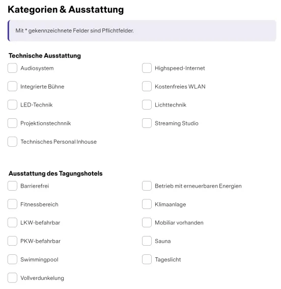 Detailansicht Kategorien & Ausstattung im Berlin Convention Finder