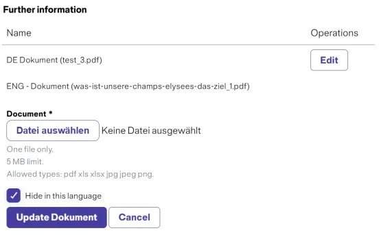 File upload form with options to edit, choose file, update, or cancel.