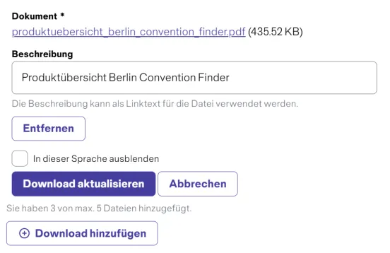 Dateiupload-Formular mit Dateiname, Beschreibung und Buttons zum Aktualisieren oder Entfernen.