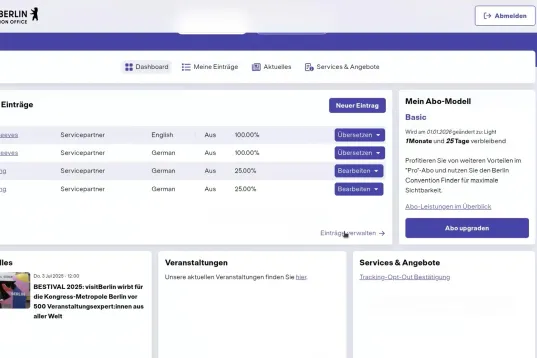 Webseite mit Details und Navigation in Lila- und Weißtönen.