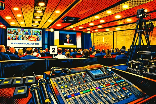 Colorful conference room with audio mixer, cameras, and audience facing a stage and screens.