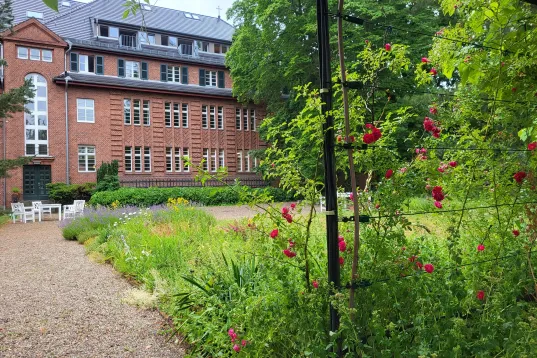 Red brick building with large windows overlooking a green garden and blooming red roses.
