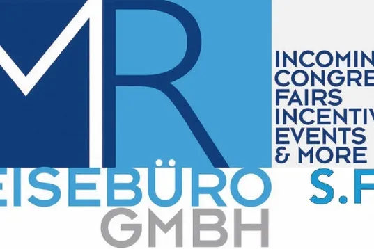 Logo for MR Reisebüro GmbH with blue and gray text and event-related services listed.