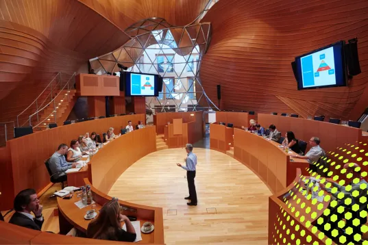 Mann präsentiert vor Publikum in modernem, hölzernem Konferenzraum mit Bildschirmen.