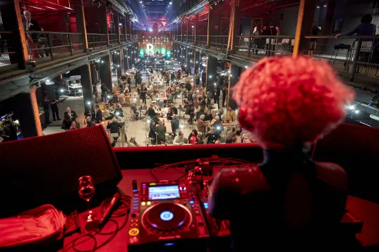 Rear view of a DJ at the DJ booth on a raised platform, looking down at the audience below.