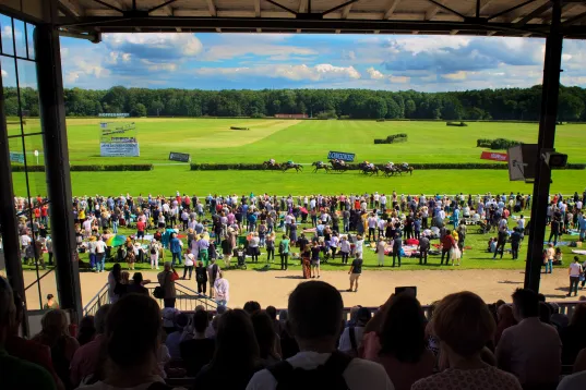 In the picture, a horse racing track can be seen. On the grandstand, numerous people are seated, eagerly watching a horse race.