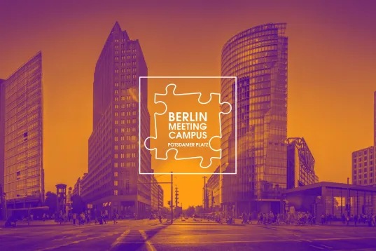  Potsdamer Platz in Berlin with Berlin Meeting Campus logo in orange and purple design