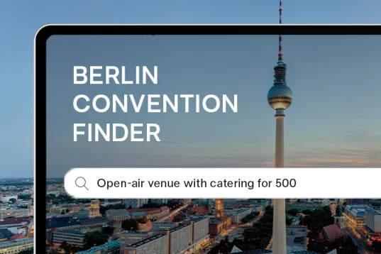 Berlin TV Tower framed within a tablet featuring the text “Berlin Convention Finder” in white lettering