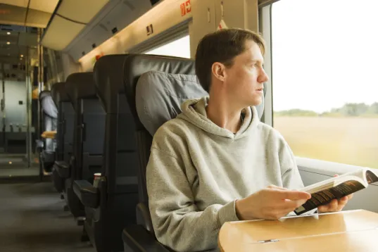 Traveller on a train reading a book