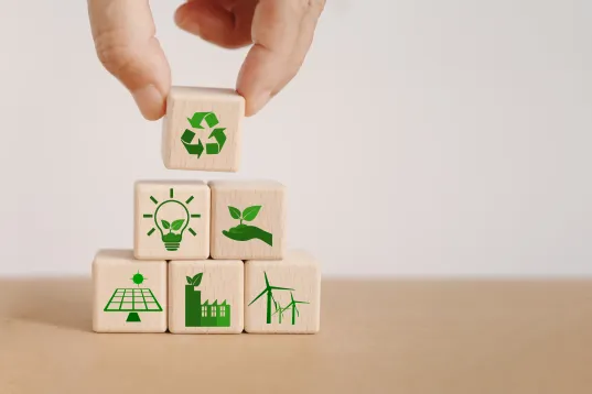 A hand stacks one cube on top of five other cubes, each of which depicts a sustainable symbol in green on a wooden background.