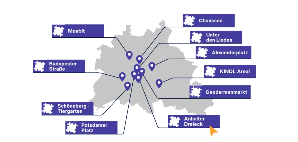 Grafik mit Berliner Stadtplan und markierten Sehenswürdigkeiten wie Alex, Glienicker Brücke, Zoo.