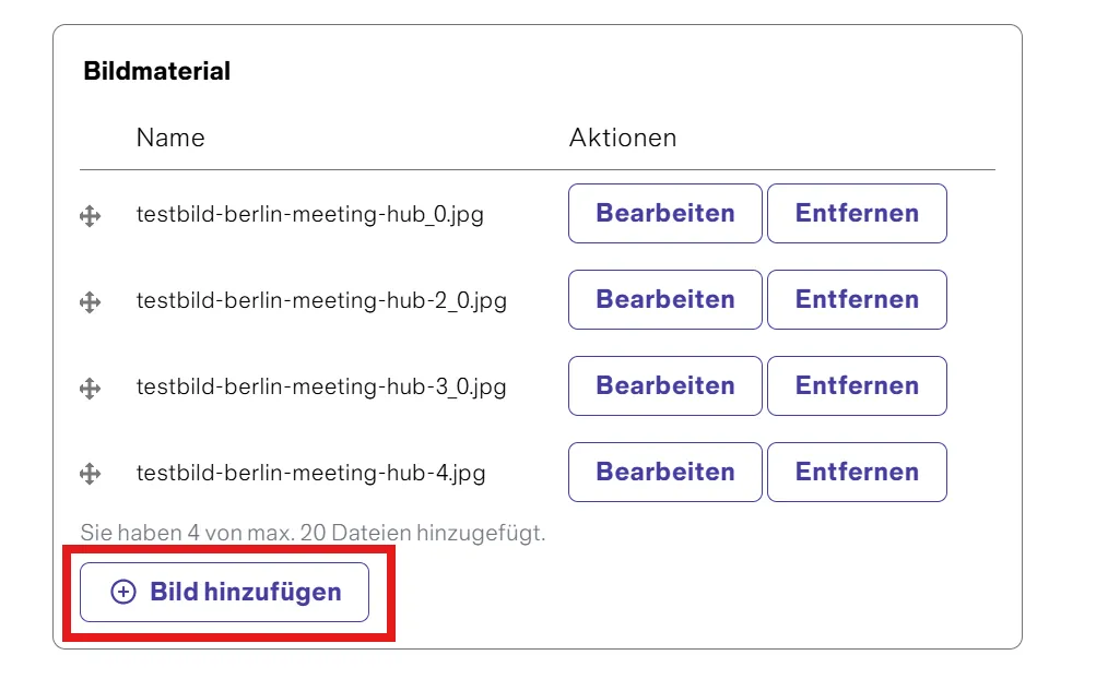 Dateiliste mit fünf Bilddateien und einem Button „Bild hinzufügen“ am Ende.