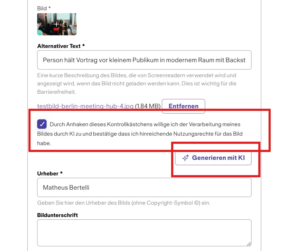 Textfeld mit Bestätigungskästchen und hervorgehobener Button "Genehmigung mit KI".