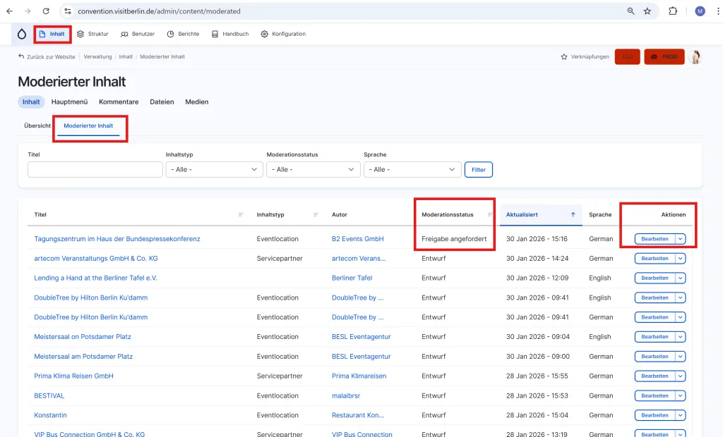 Webseite mit einer Tabelle von Hotel-Buchungen und hervorgehobenen Filtern und Buttons