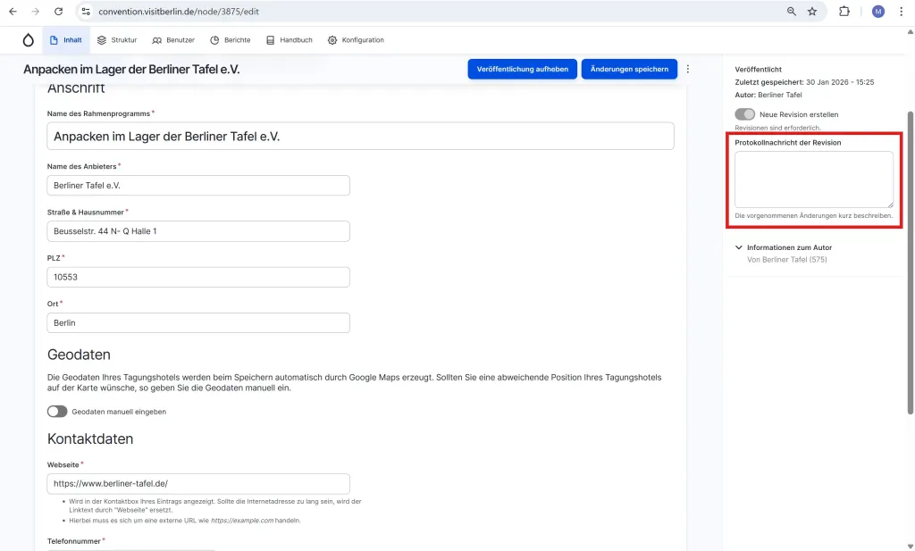Webseite mit Formular zur Eingabe von Adressdaten und Feedback-Feld auf der rechten Seite.