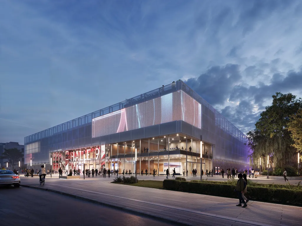 Rendering eines Kongresszentrums mit Glasfassade bei Abenddämmerung, beleuchtet und von Besuchern belebt.